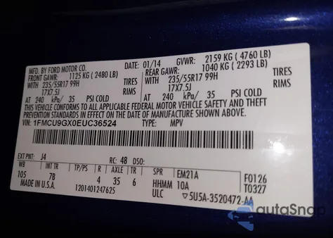 2014 Ford Escape Se z USA, uszkodzony, nr VIN 1FMCU9GX0EUC36524